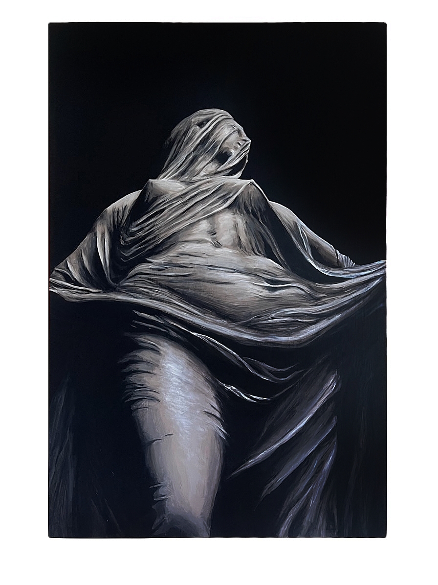 Painting of a veiled woman against a dark background