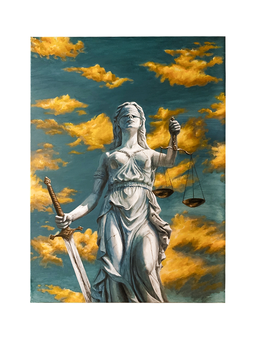 Painting of Lady Justice holding a sword and scales beneath golden clouds