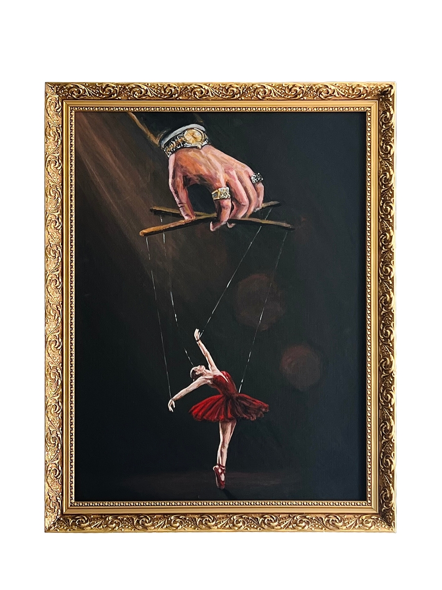 Framed painting of a hand controlling a ballerina marionette