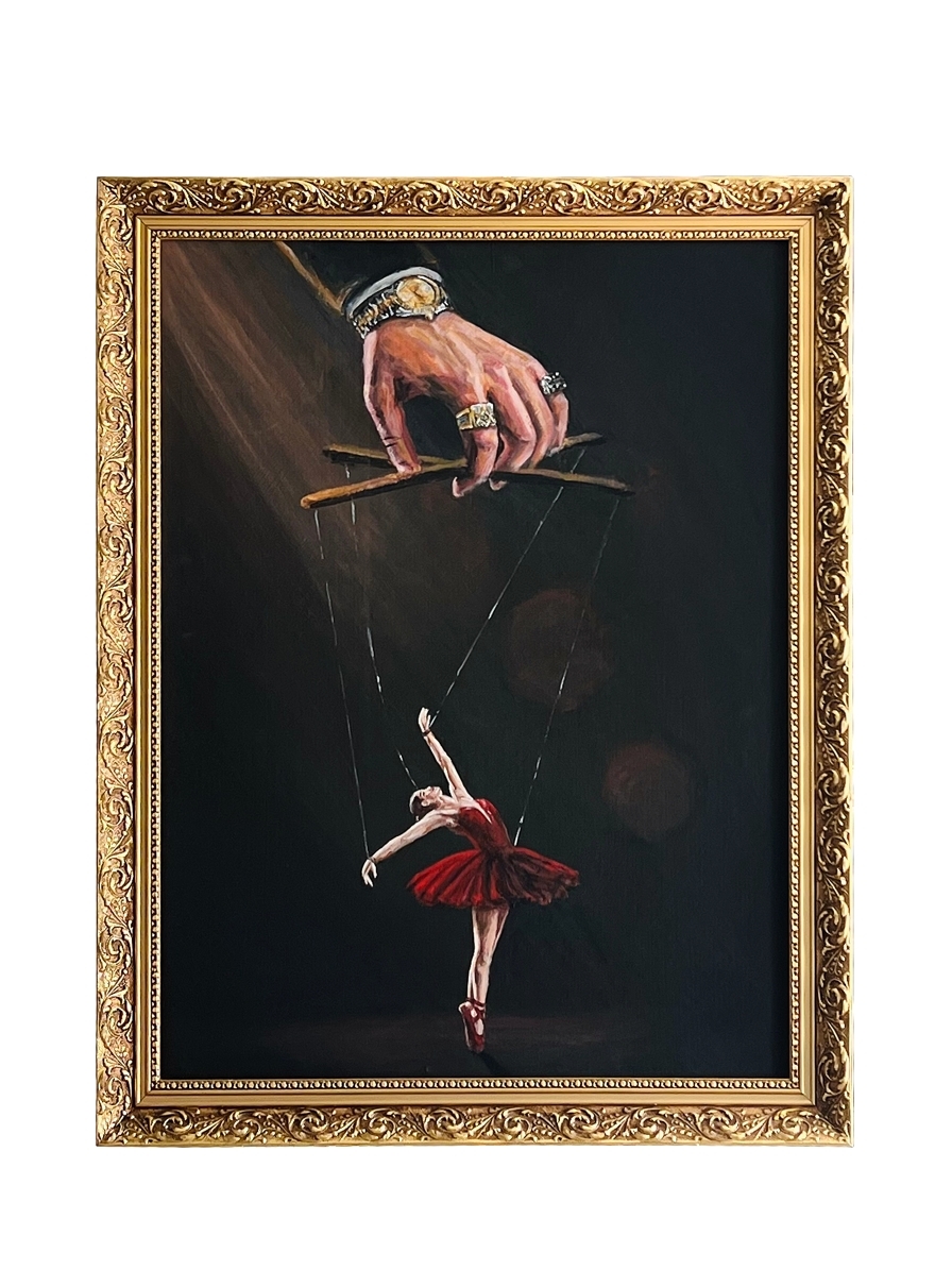 Framed painting of a hand controlling a ballerina marionette