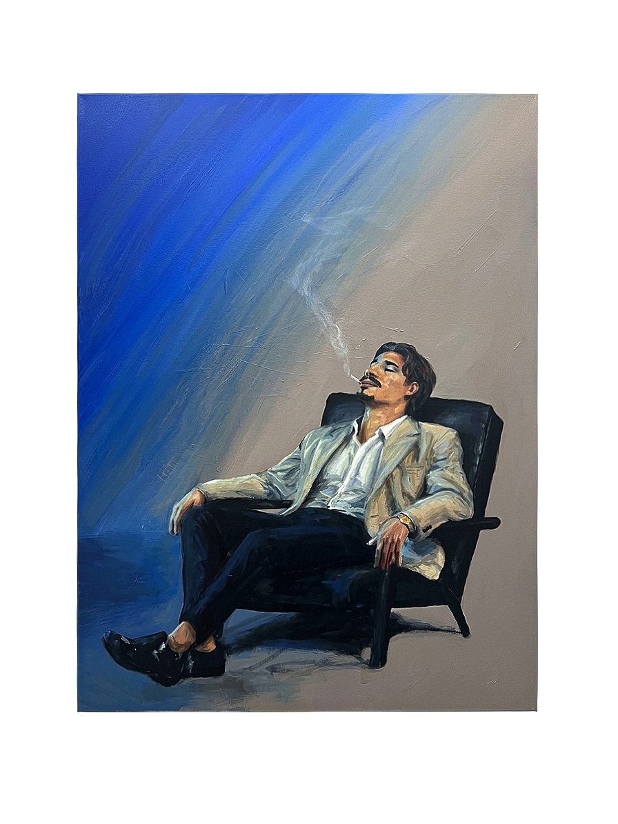 Painting of a seated man against a blue and neutral background