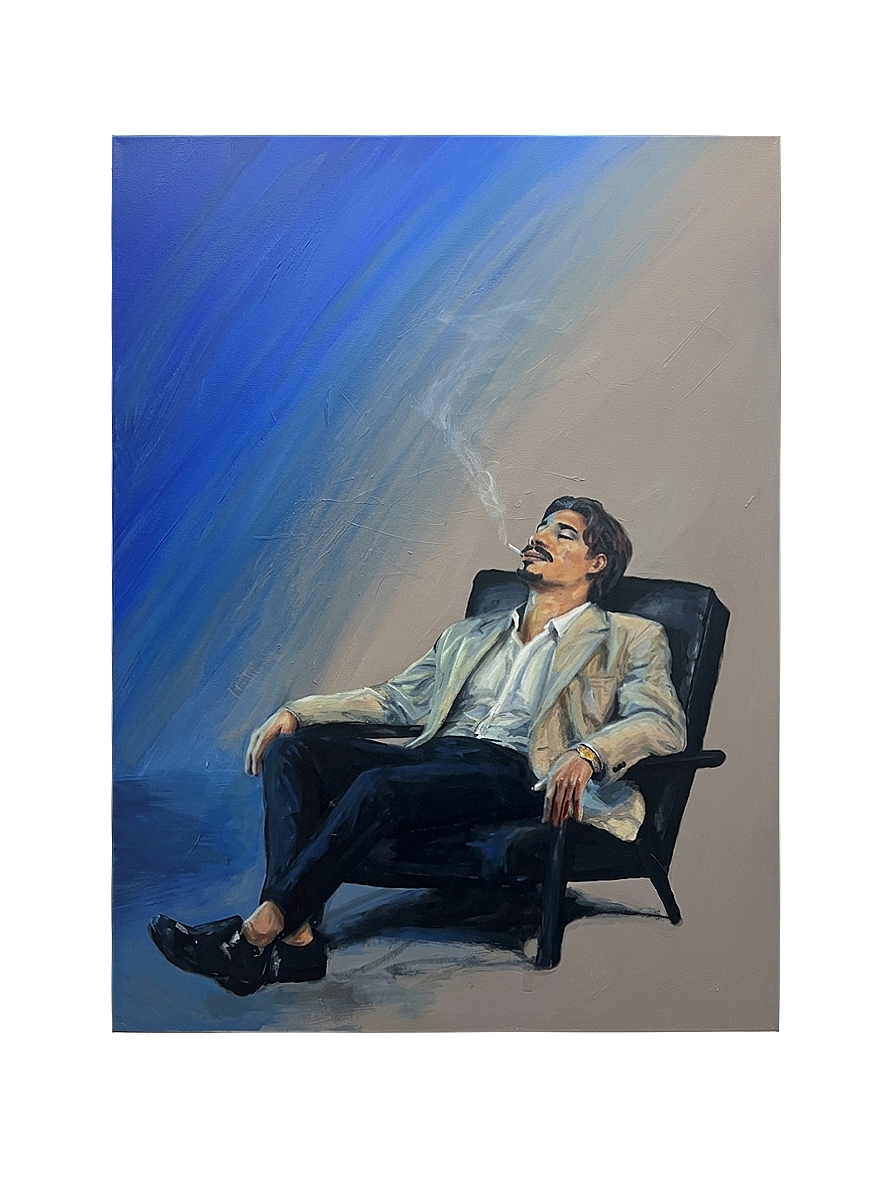 Painting of a seated man against a blue and neutral background