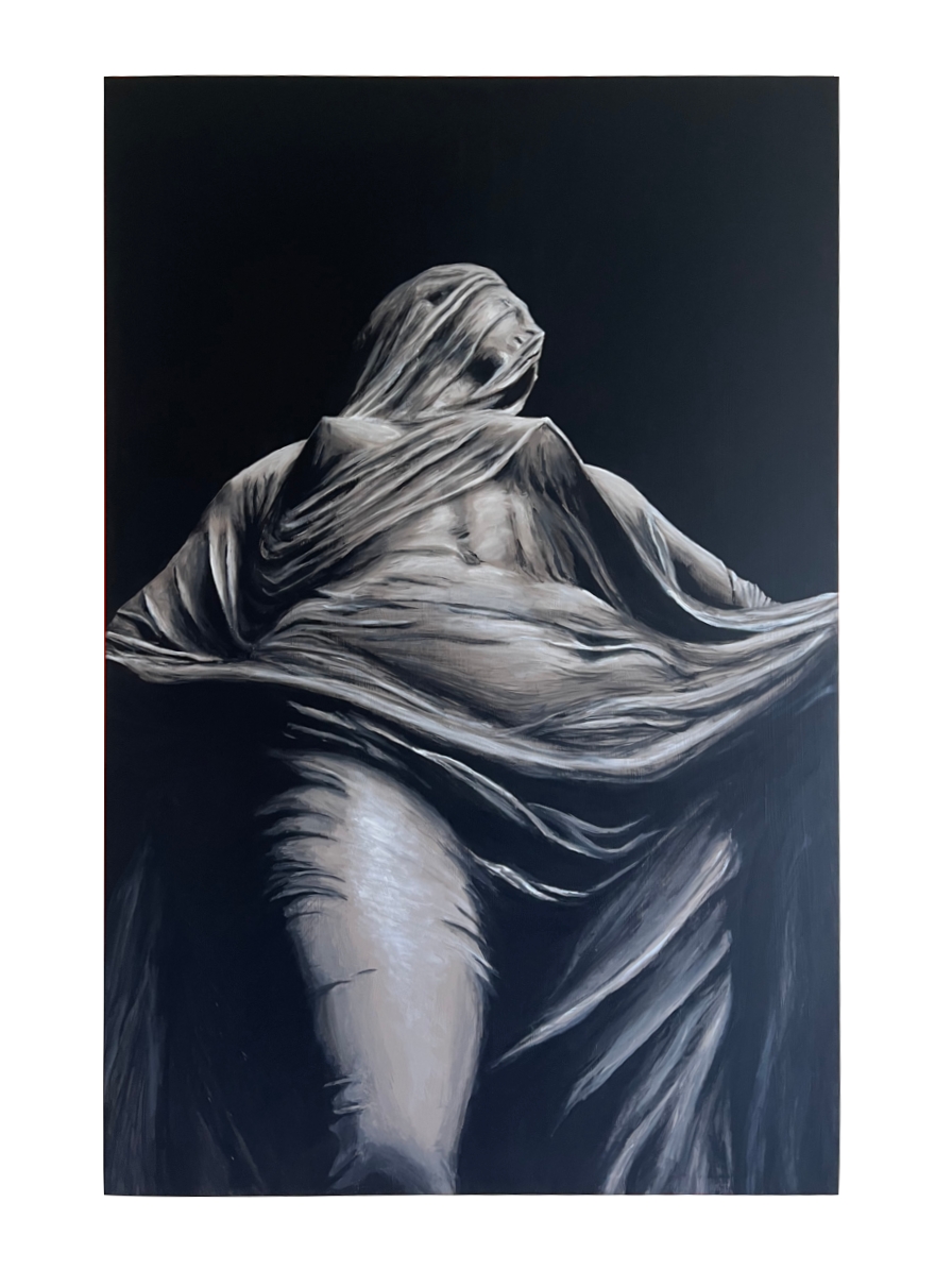 Painting of a veiled woman against a dark background